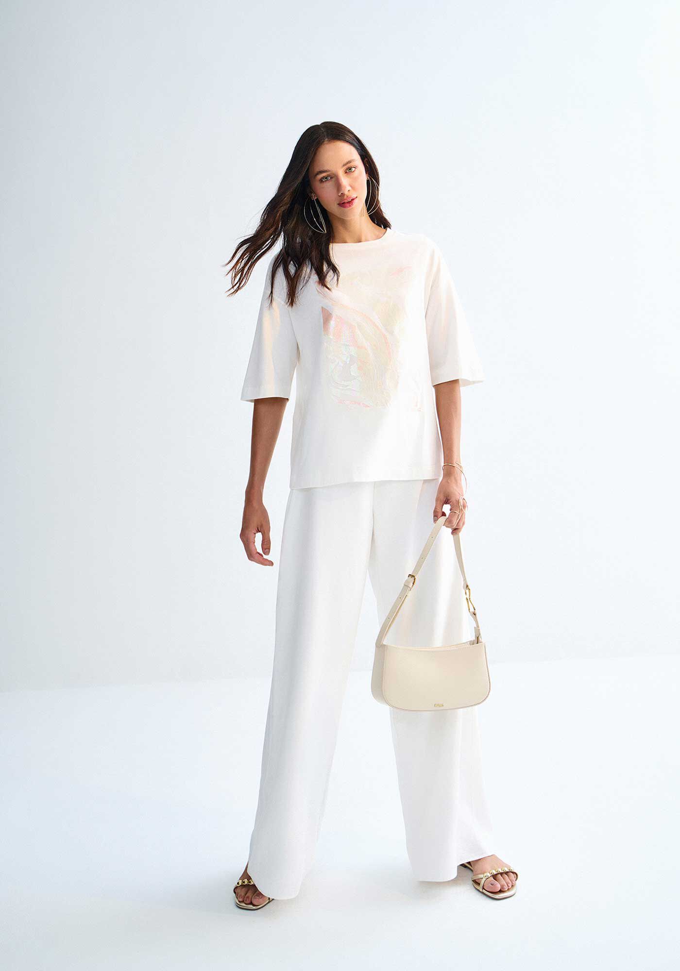 Blusa Ampla Manga Curta em Malha com Estampa Metalizada, , large.