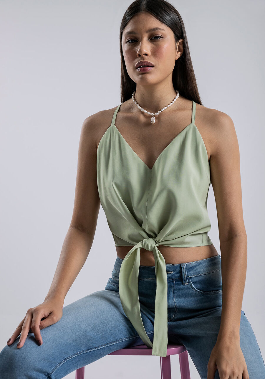 Blusa com Alças Cropped com Laço, VERDE PRELUDIO. Blusa com Alças Cropped com Laço, VERDE PRELUDIO, large.