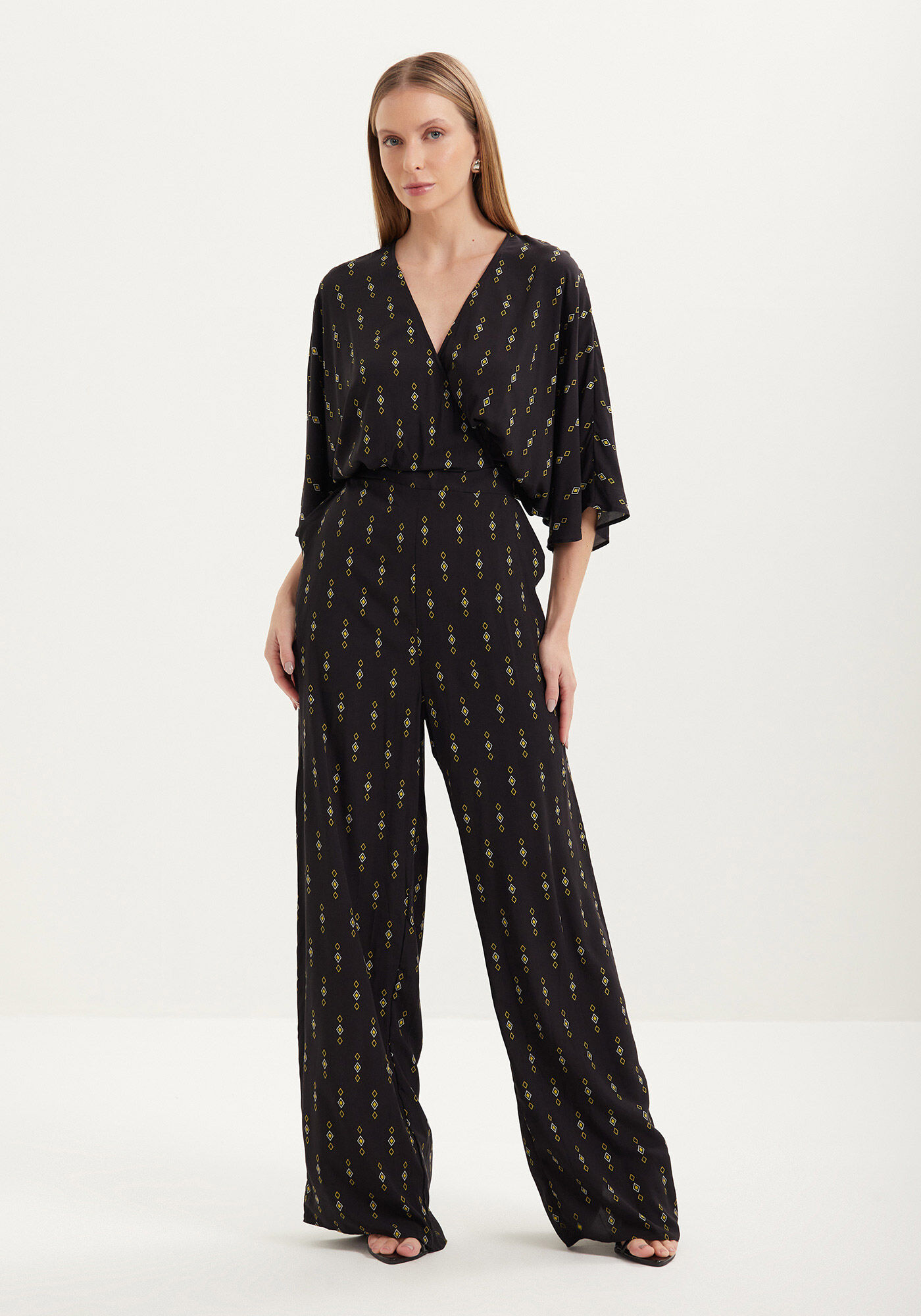 Macac&atilde;o Longo Estampado Transpassado De Mangas Curtas, , large.