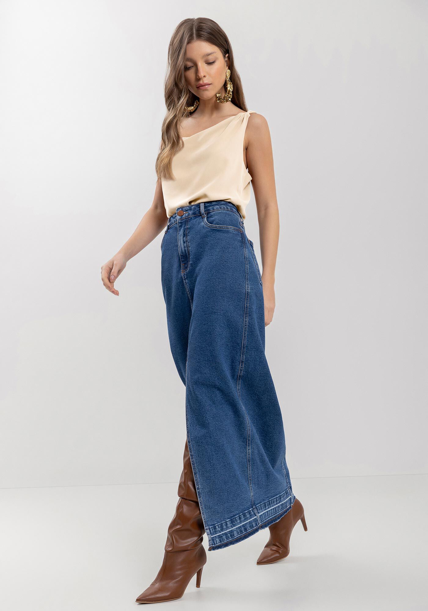 Saia Jeans Longa Com Fenda Frontal E Elastano, , large.