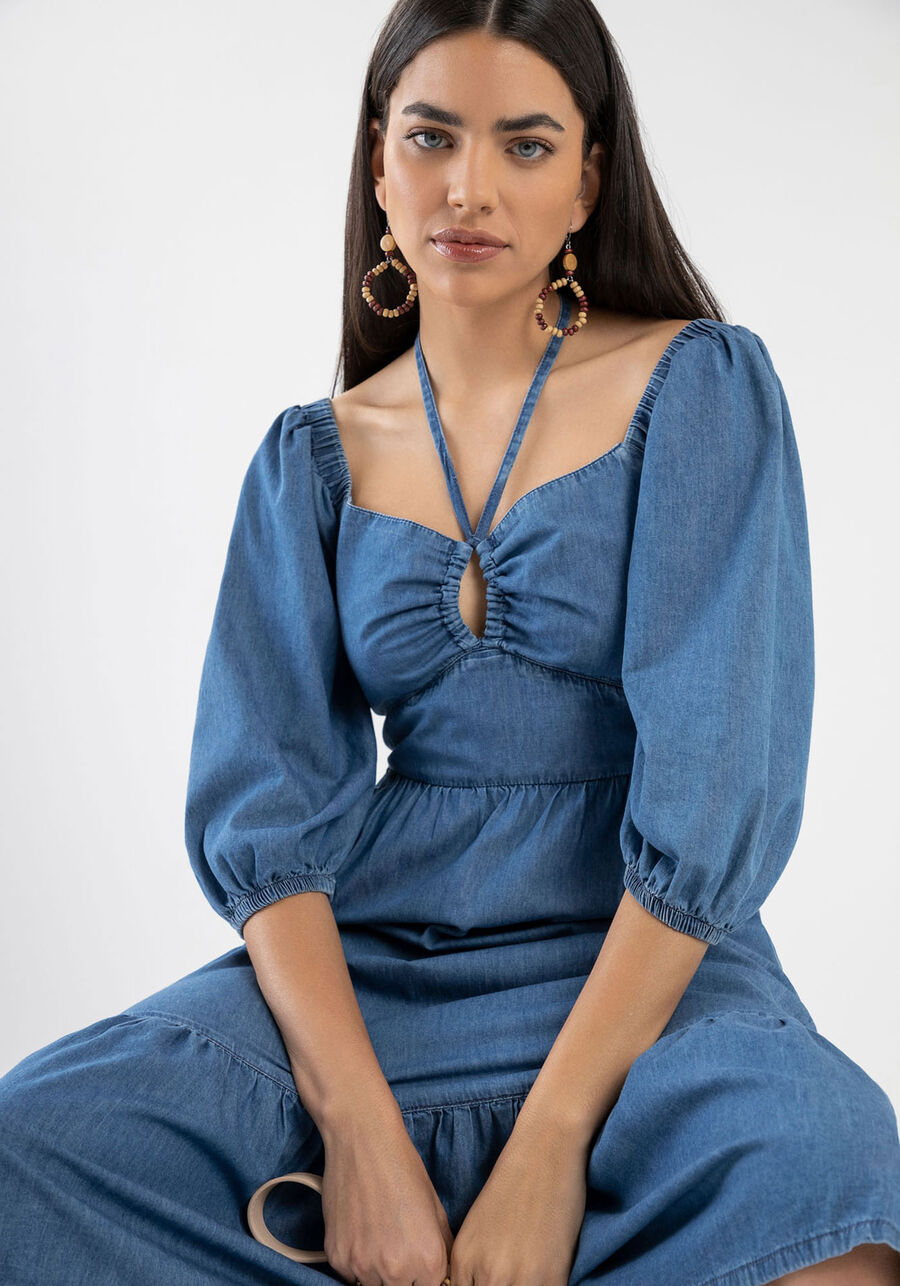 Vestido Jeans Midi Manga Bufante com Amarração, JEANS. Vestido Jeans Midi Manga Bufante com Amarração, JEANS, large.