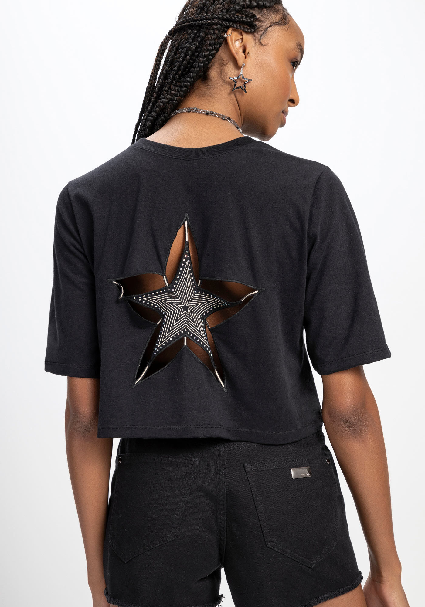 T-shirt em Malha com Recorte e Strass Costas, , large.