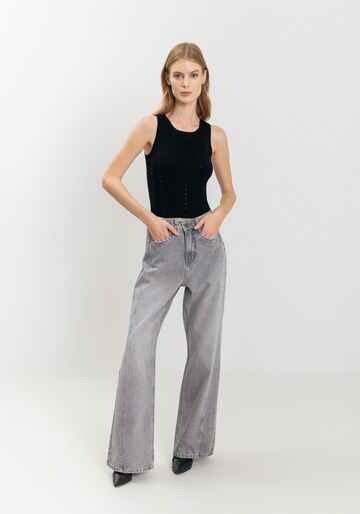 Calça Wide Leg Jeans Com Cintura Alta E Recortes, CINZA. Calça Wide Leg Jeans Com Cintura Alta E Recortes, CINZA, large.