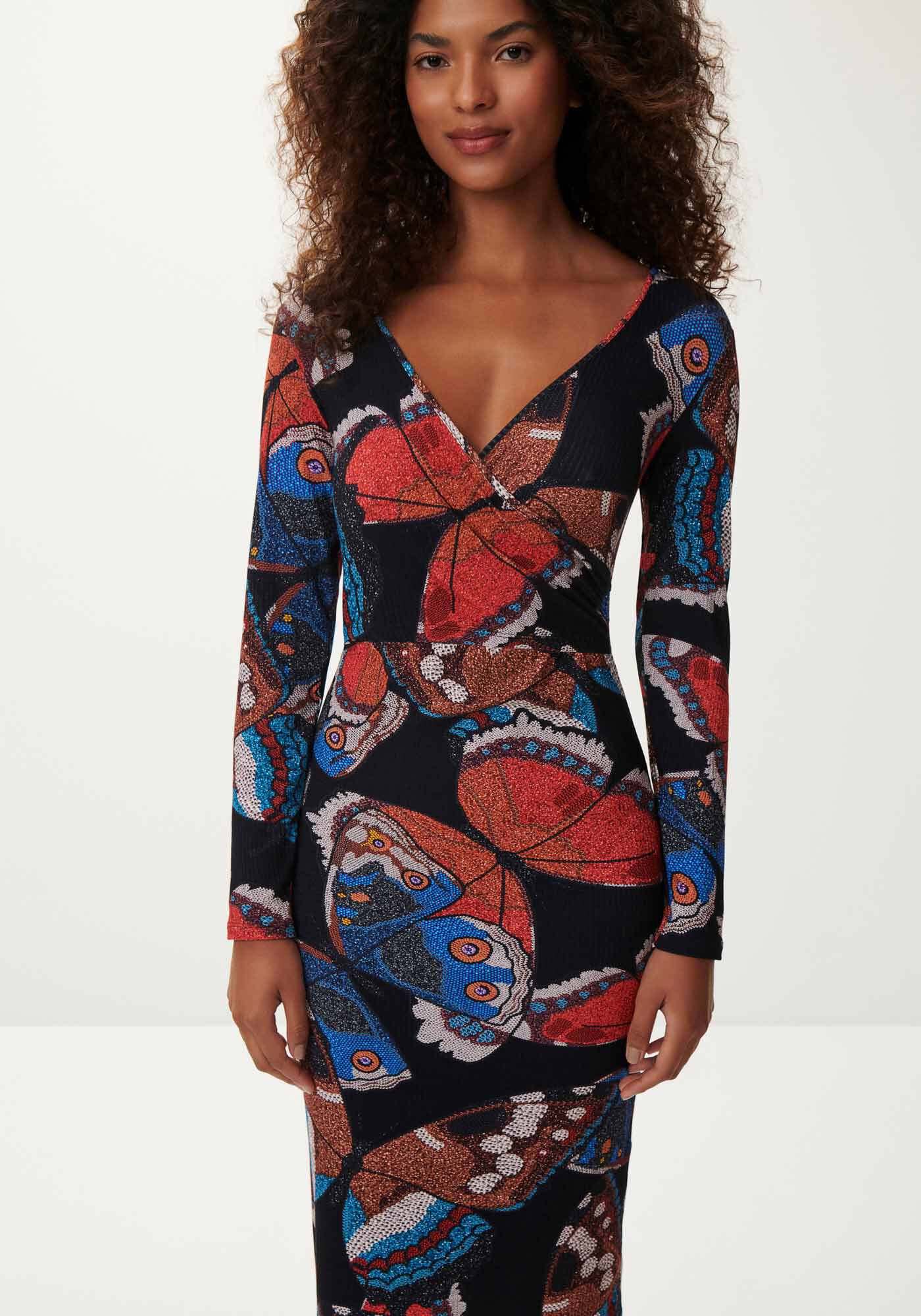 Vestido Midi Manga Longa Canelado Estampado, , large.