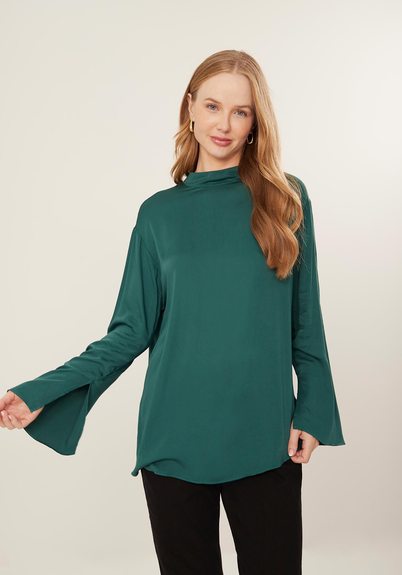 Blusa Alongada De Mangas Com Gola Alta E Amarra&ccedil;&atilde;o, , large.