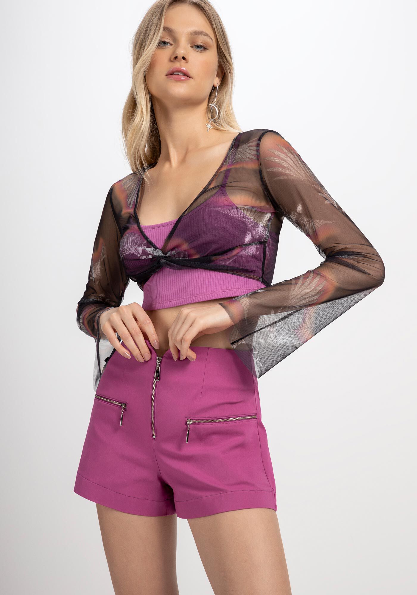 Blusa Manga Sino em Tule Estampado com Top, , large.