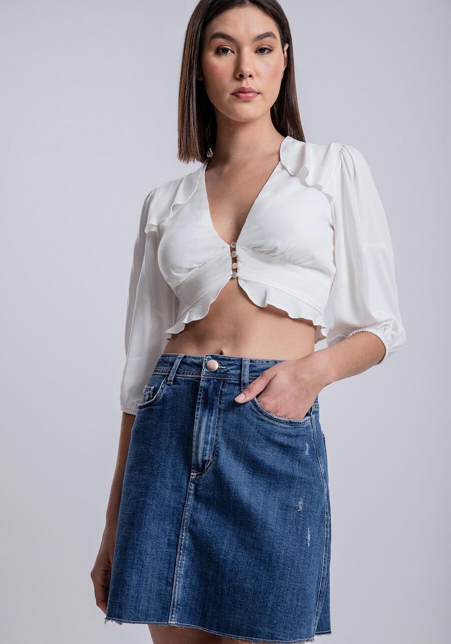 Saia Jeans Curta com Cintura Alta, JEANS. Saia Jeans Curta com Cintura Alta, JEANS, large.