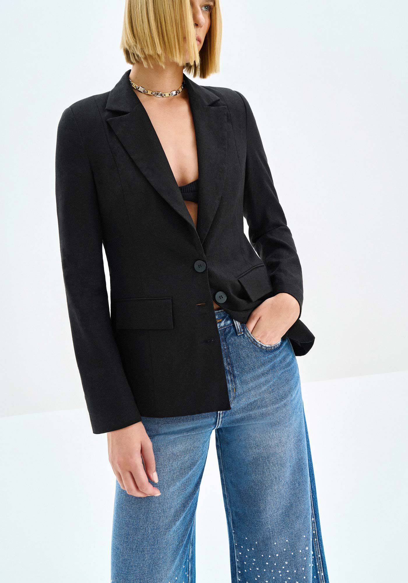 Blazer Alfaiataria em Linho com Lapela, PRETO REATIVO, large.