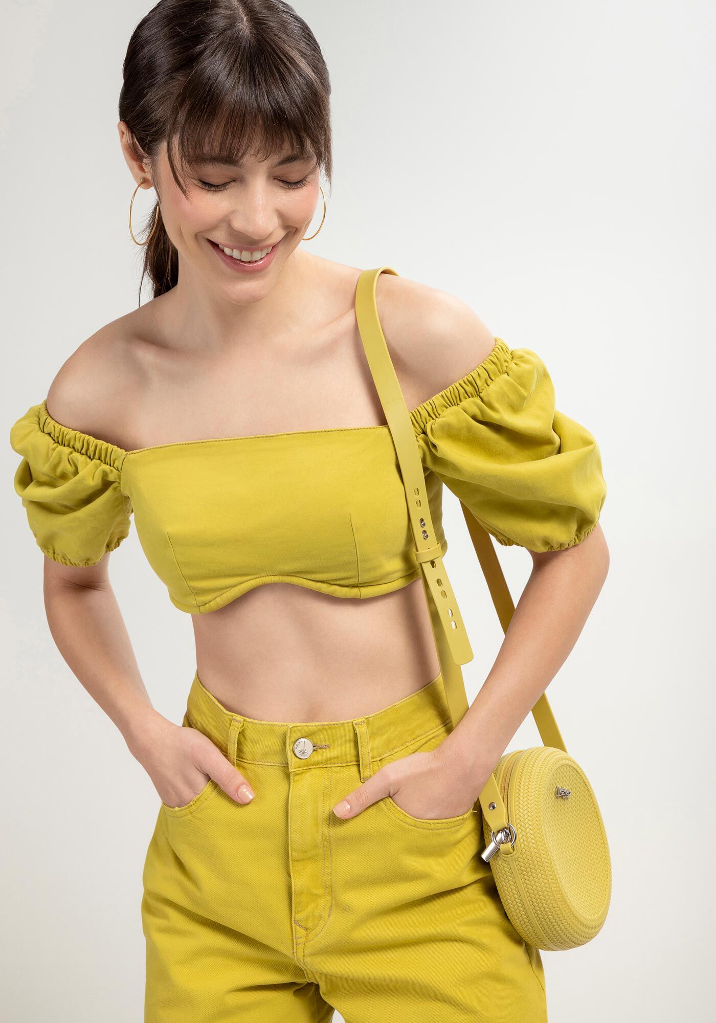 Blusa Sarja Cropped com Manga Bufante, , large.