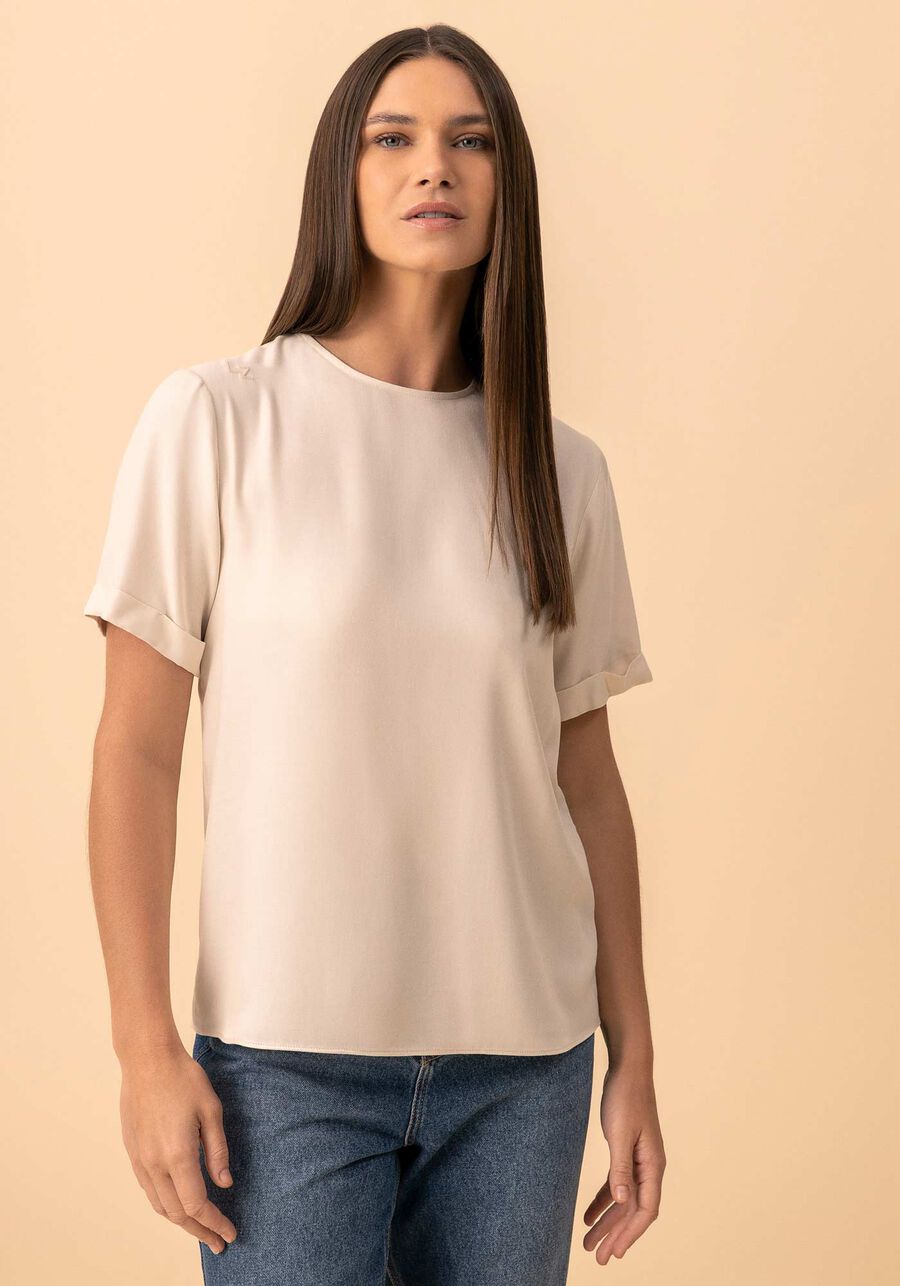 Blusa De Mangas Curtas Com Bordado Localizado Essential, BEGE ALHAMBRA. Blusa De Mangas Curtas Com Bordado Localizado Essential, BEGE ALHAMBRA, large.