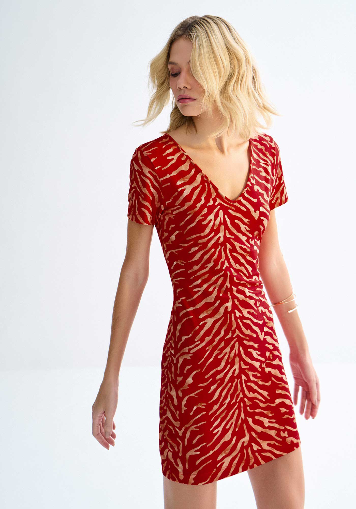 Vestido Curto Estampado em Malha com Decote V, , large.