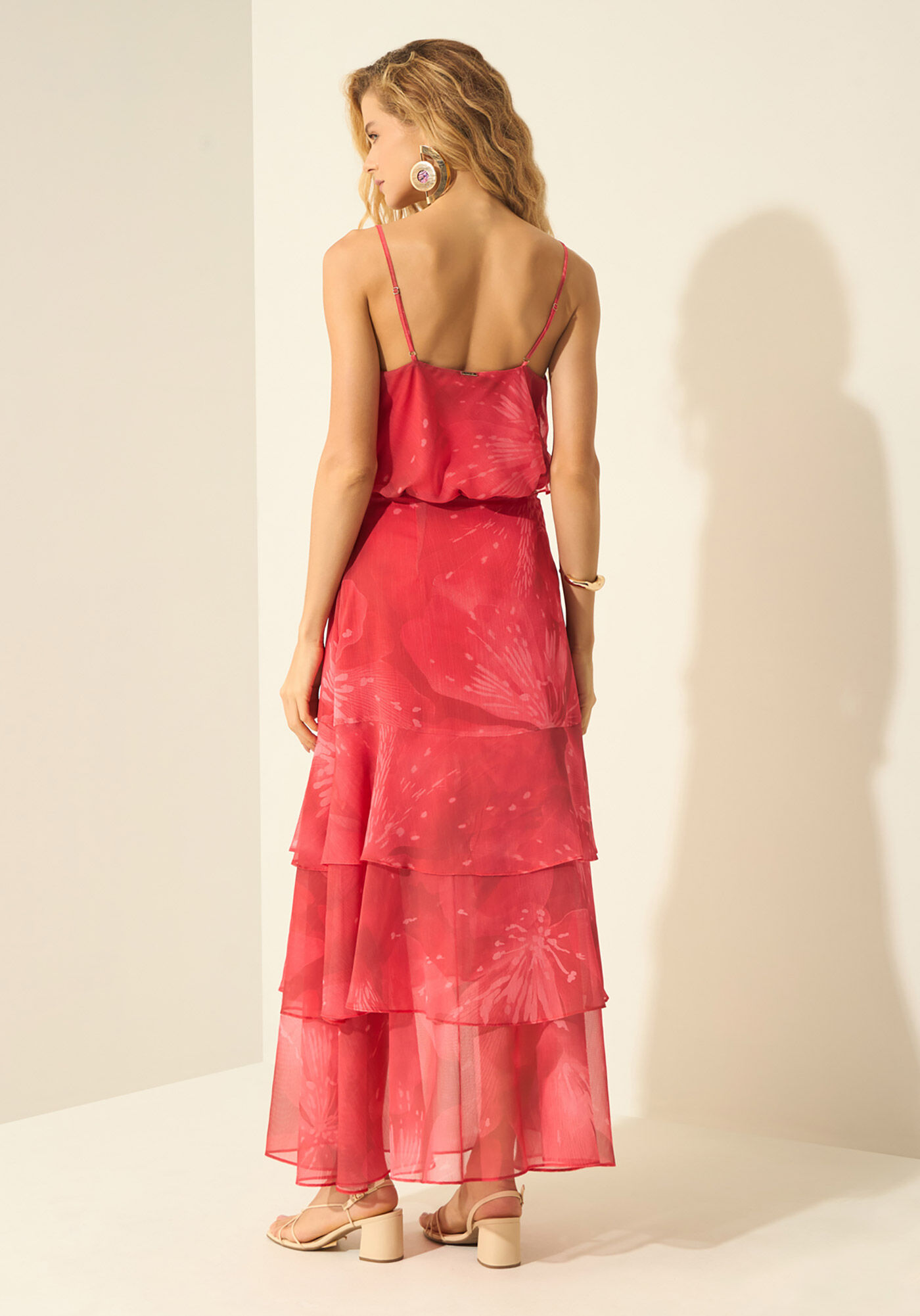 Saia Longa Estampada Com Babados E Cintura Alta, FLAMBOYANT VERMELHO, large.