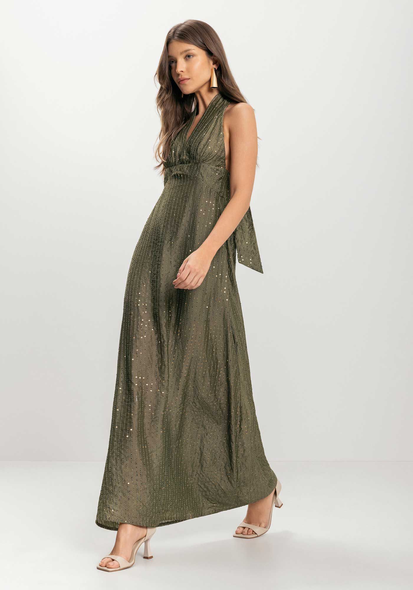 Vestido Longo Frente &Uacute;nica Com Amarra&ccedil;&atilde;o E Paet&ecirc;s, VERDE AZEITONA, large.