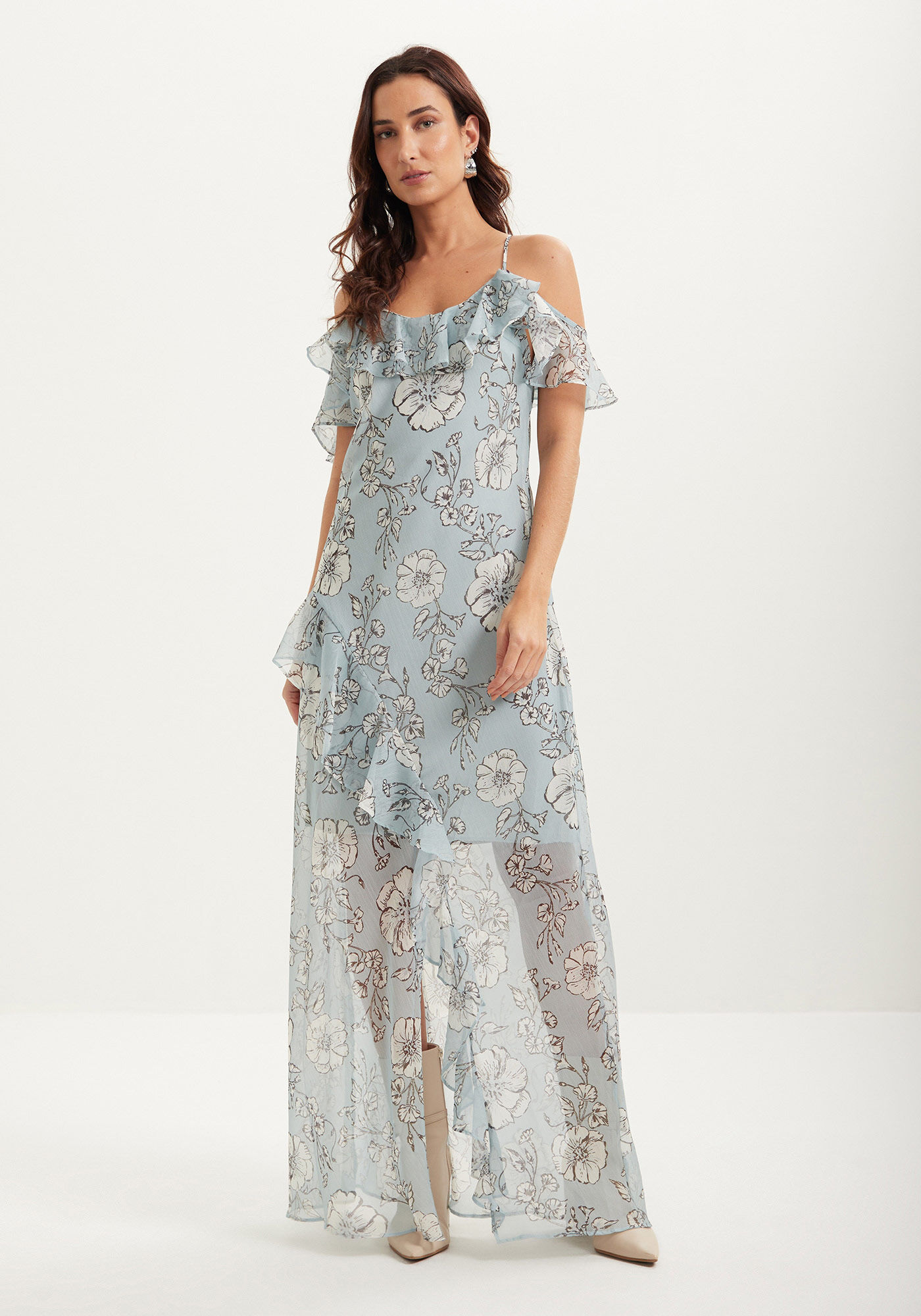 Vestido Longo De Al&ccedil;as Com Babados E Transpar&ecirc;ncia, , large.