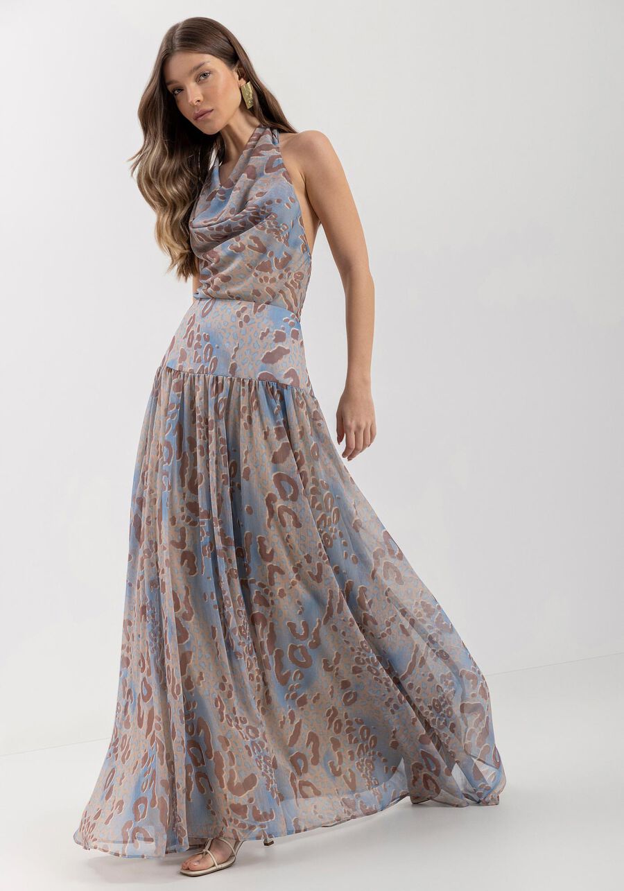 Saia Longa Fluida Estampada Com Cintura Alta E Transparência, SAVAGE BEGE. Saia Longa Fluida Estampada Com Cintura Alta E Transparência, SAVAGE BEGE, large.