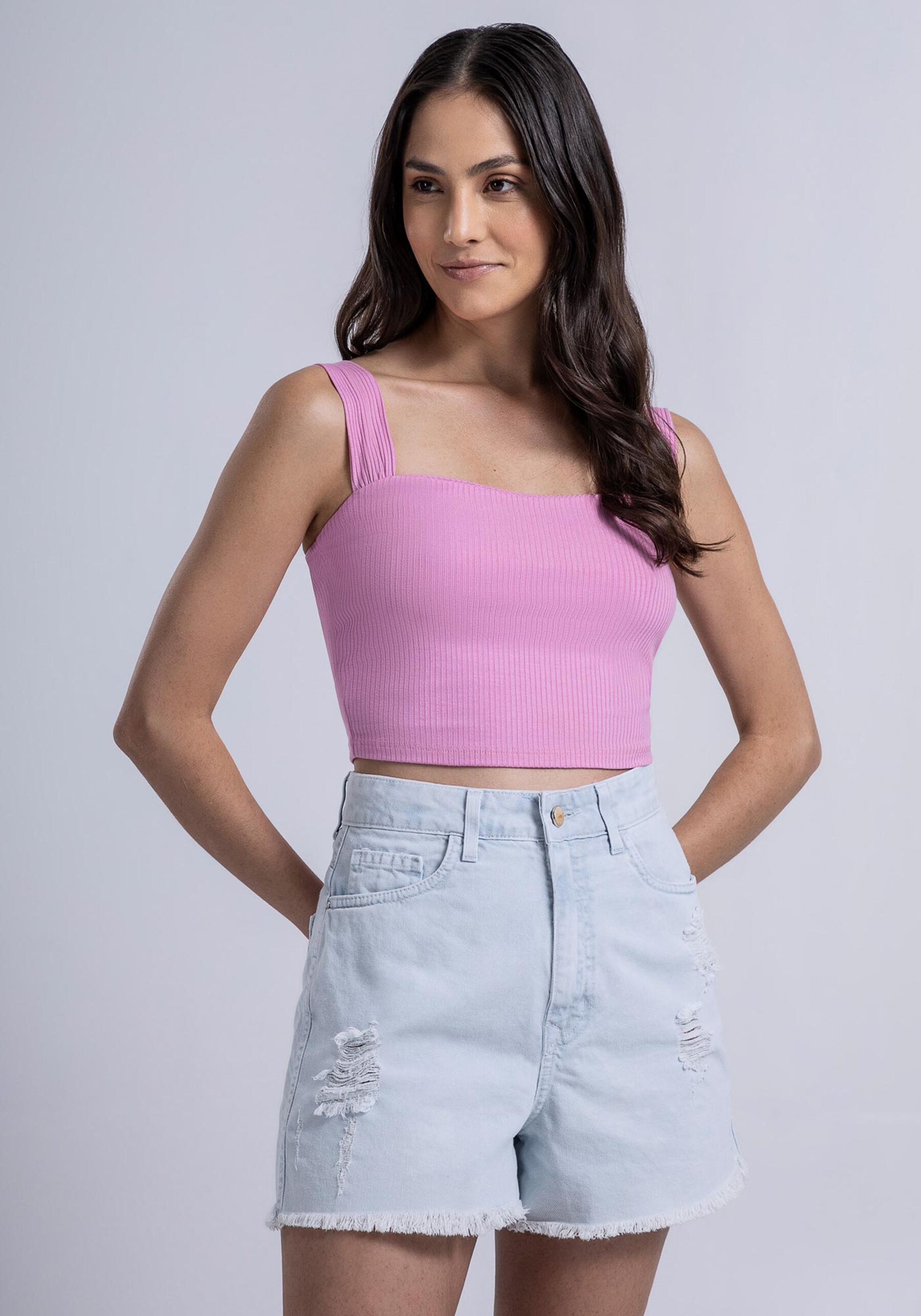 Blusa com Alças Canelada Cropped, ROSA FABULOUS. Blusa com Alças Canelada Cropped, ROSA FABULOUS, large.