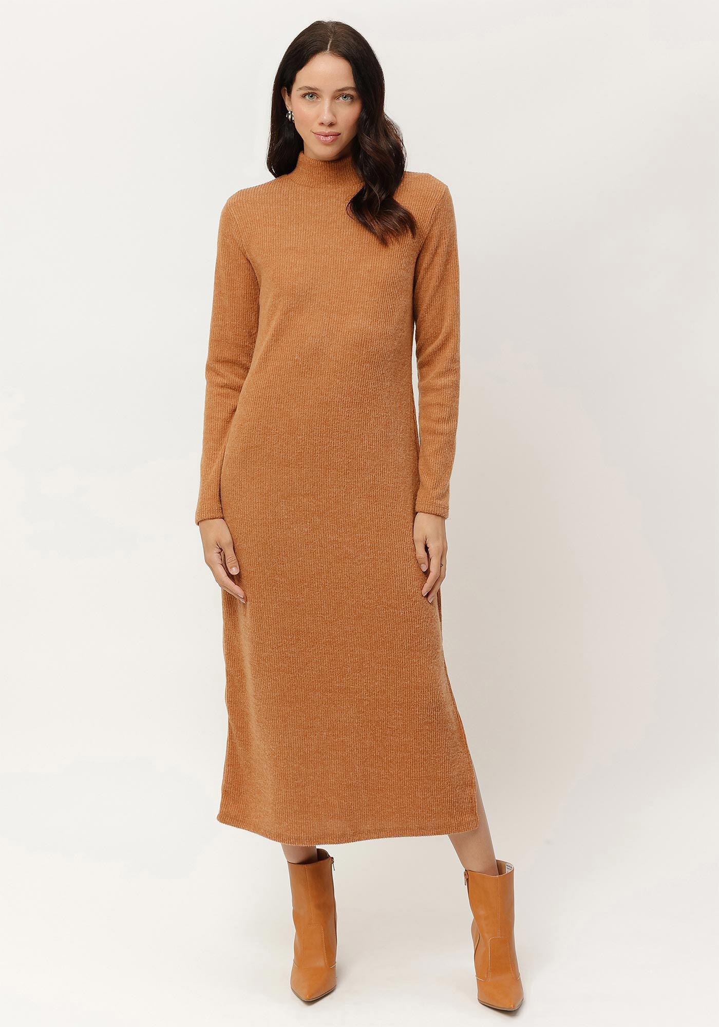 Vestido Midi Manga Longa Canelado com Gola, , large.