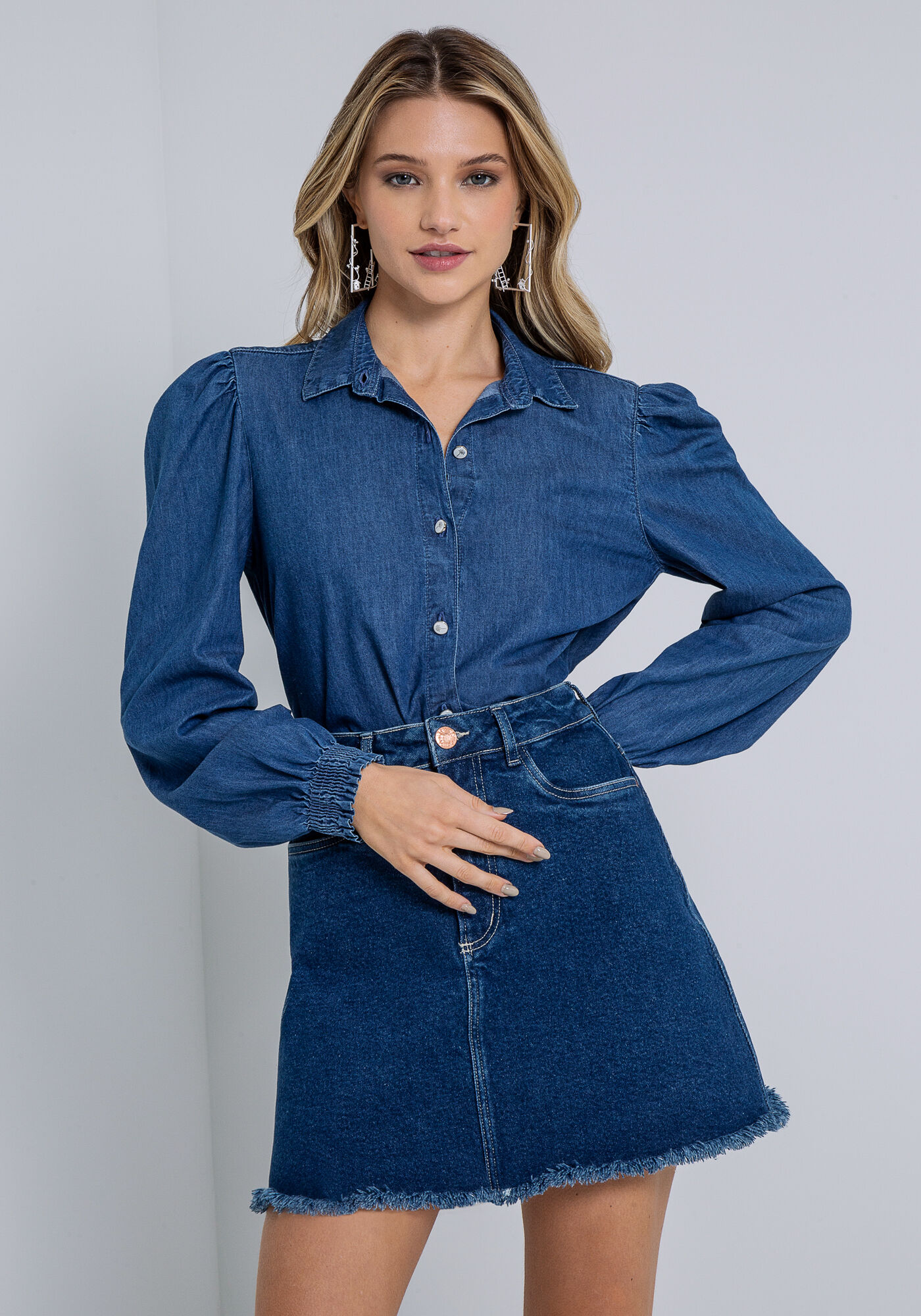 Camisa Manga Longa Bufante em Jeans, , large.