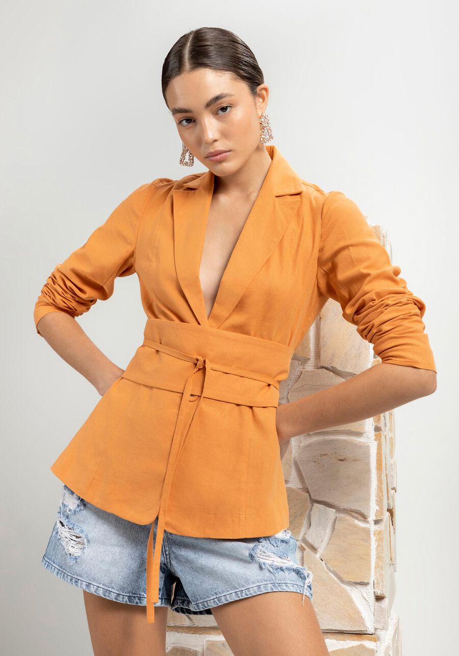 Blazer em Linho com Faixa Obi, . Blazer em Linho com Faixa Obi, , large.