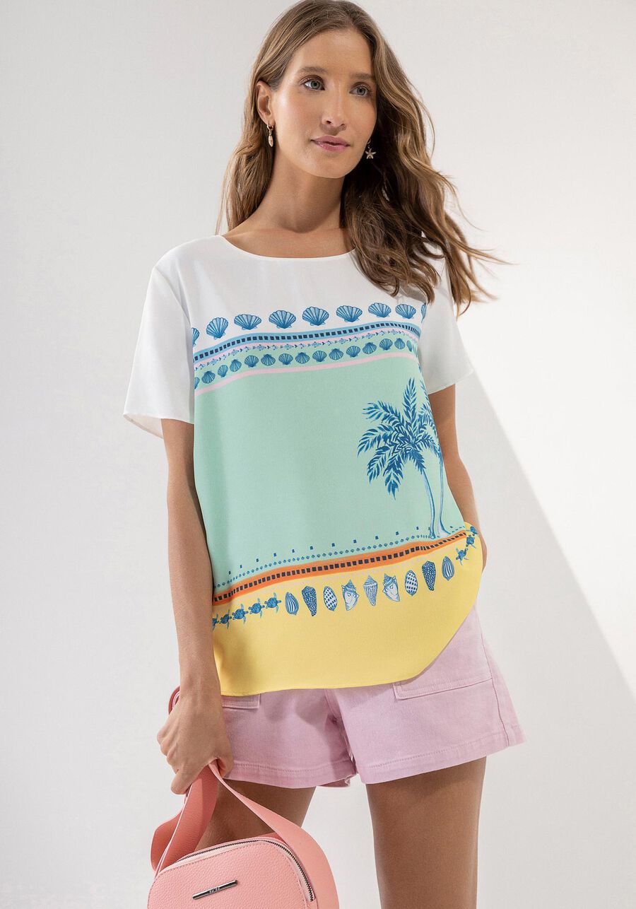 Blusa Estampada em Tecido Plano com Manga Curta, . Blusa Estampada em Tecido Plano com Manga Curta, , large.