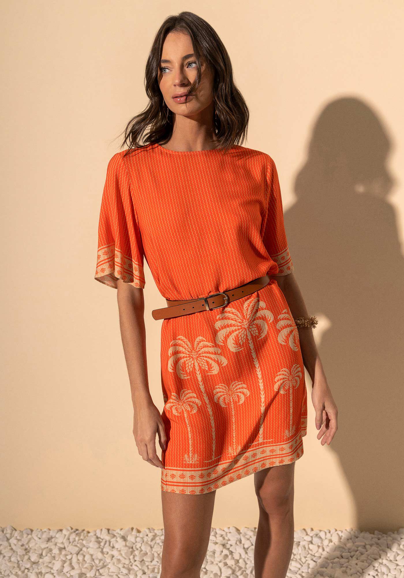 Vestido Estampado Com Mangas Curtas E Decote Redondo, MAXI PALM LARANJA, large.