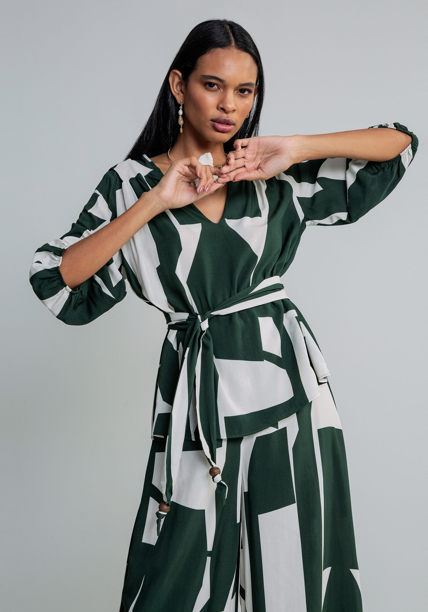 Blusa Manga 3/4 Cinto Estampa, , large.