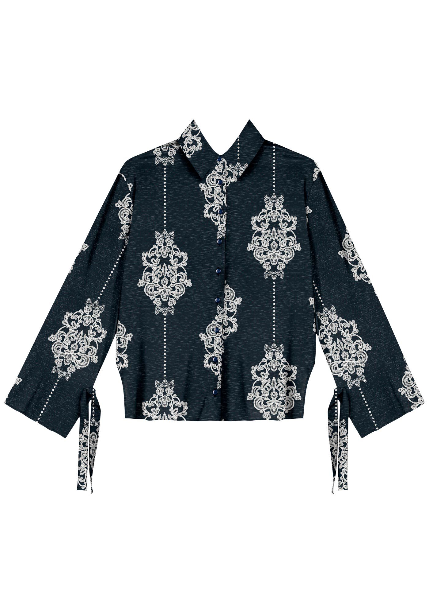 Camisa Alongada Estampada Em Viscose Com Amarra&ccedil;&otilde;es, , large.