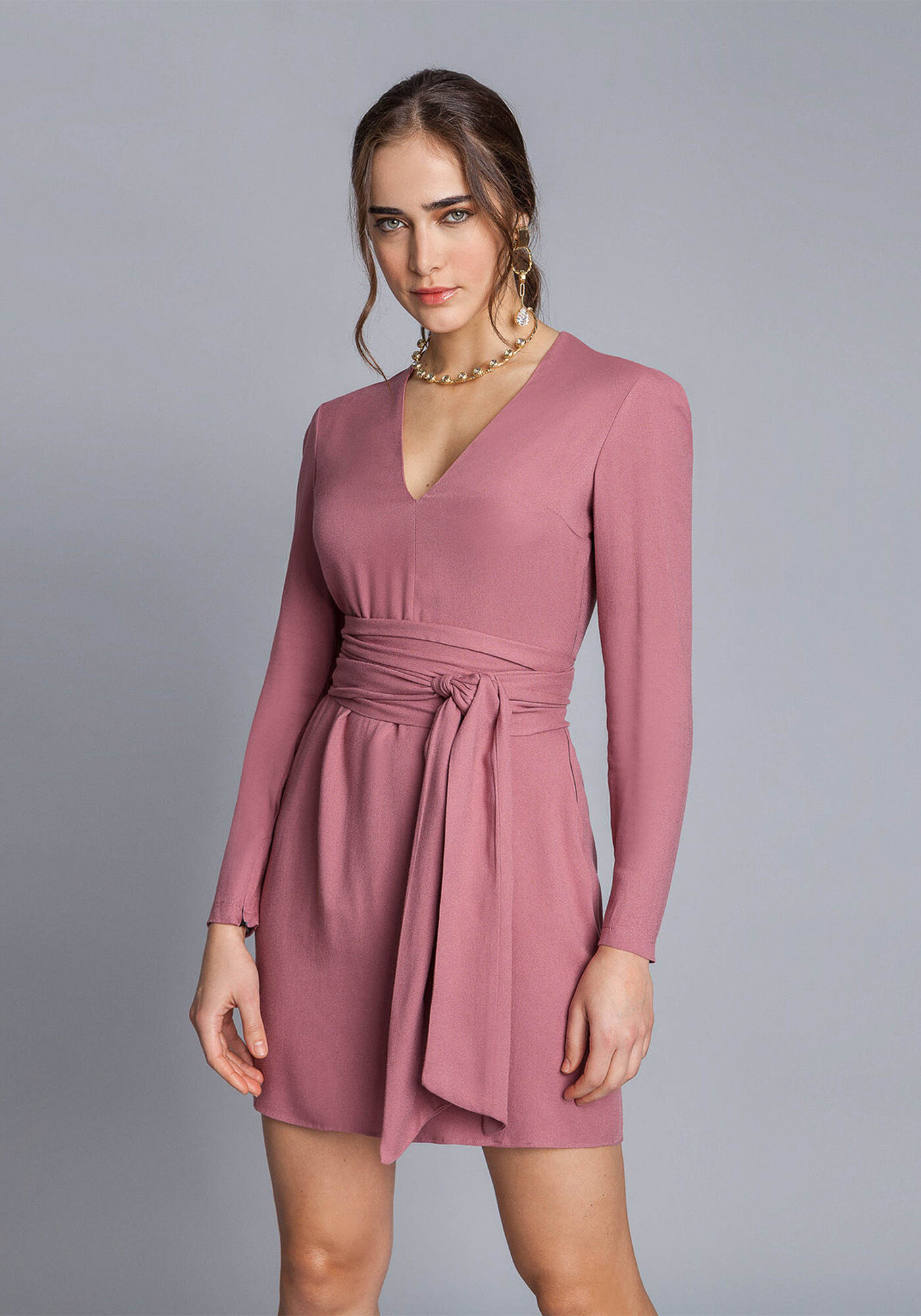 Vestido Curto Manga Longa Faixa, , large.