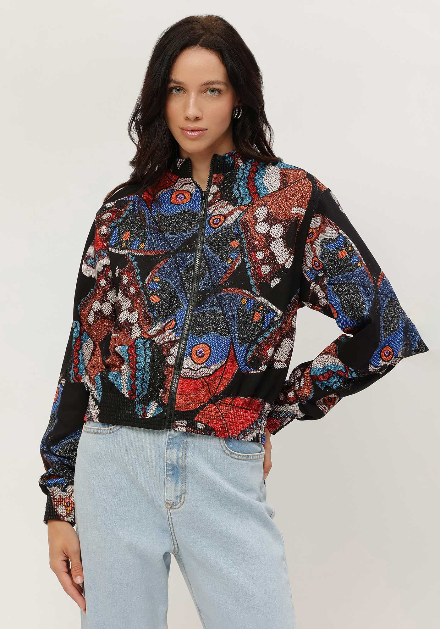 Jaqueta Bomber em Moletom Estampada com Gola Alta, , large.