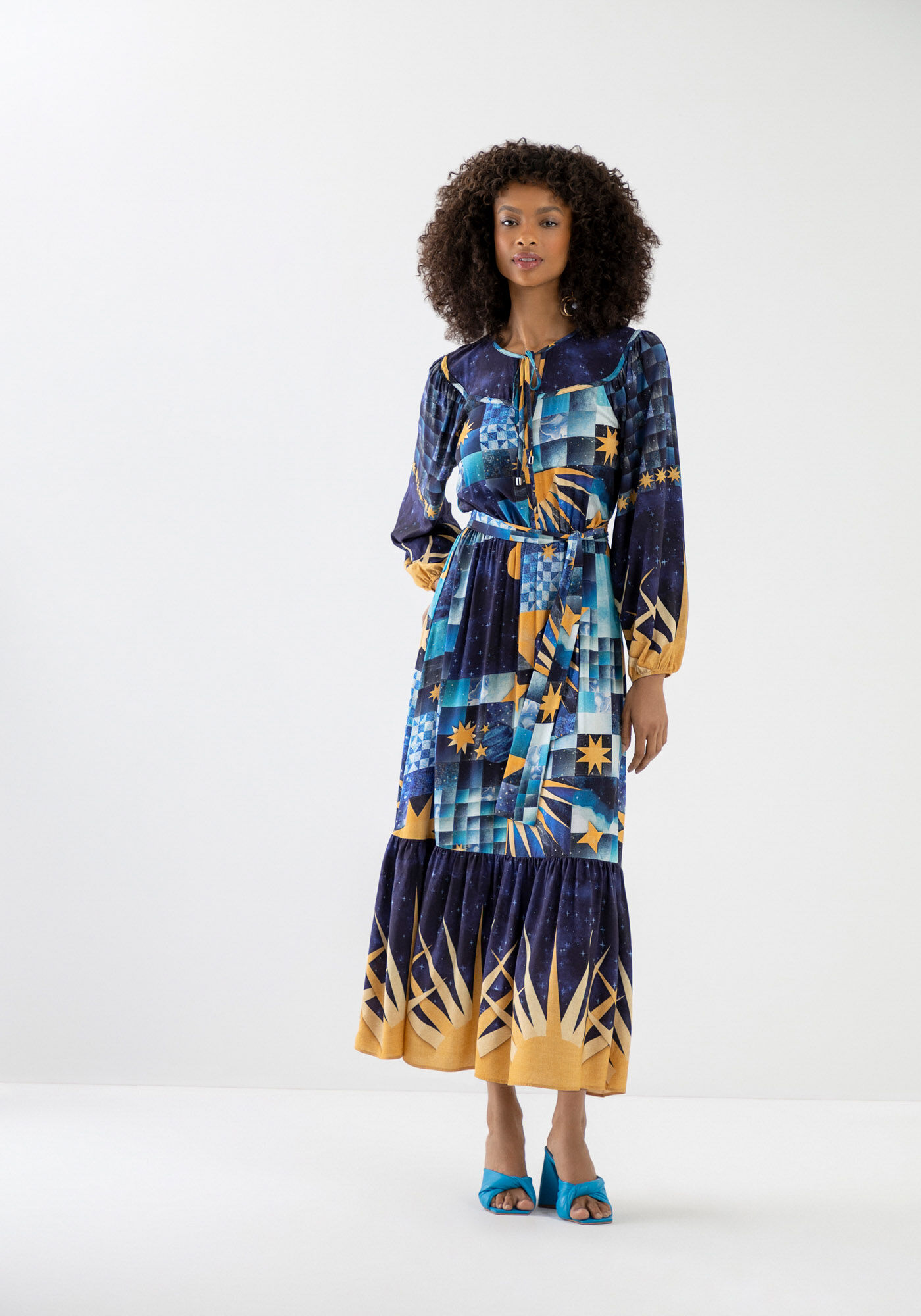 Vestido Midi Manga Longa com Babado e Cinto Faixa, ASTRO, large.