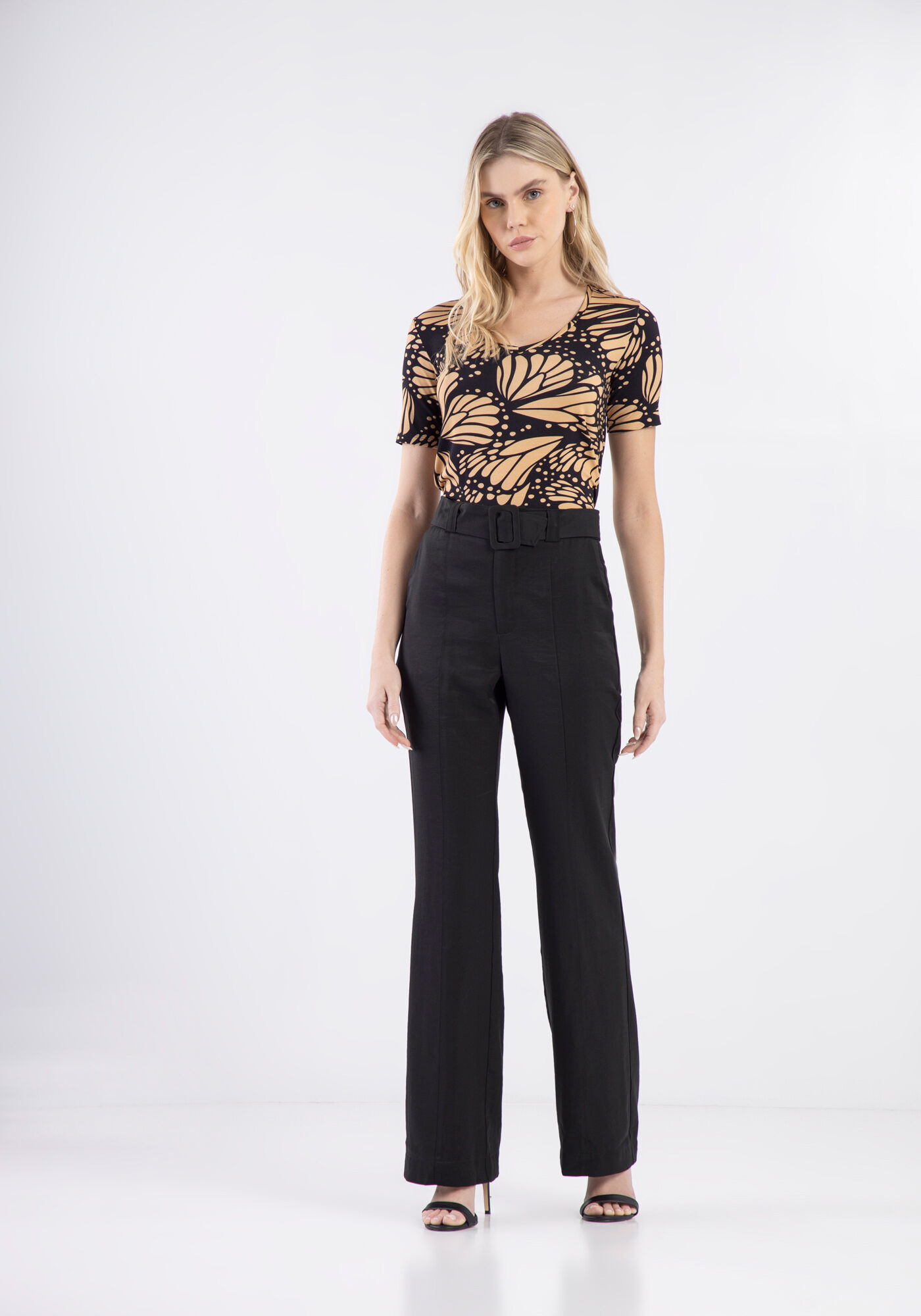 Blusa Manga Curta Estampada com Decote V, , large.