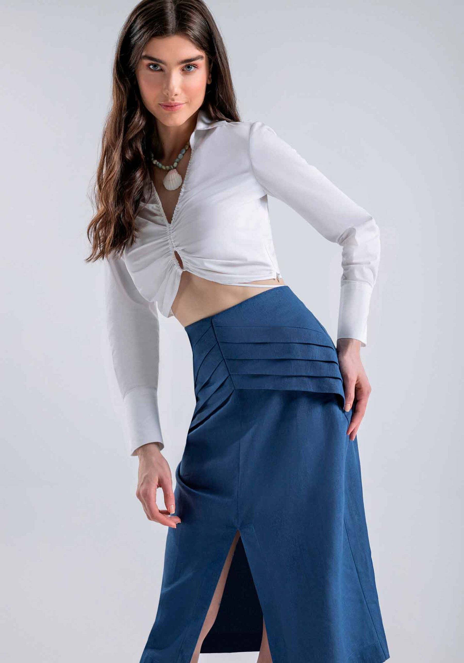 Saia Midi Linho com Pregas e Fenda, MARINHO STELLA. Saia Midi Linho com Pregas e Fenda, MARINHO STELLA, large.