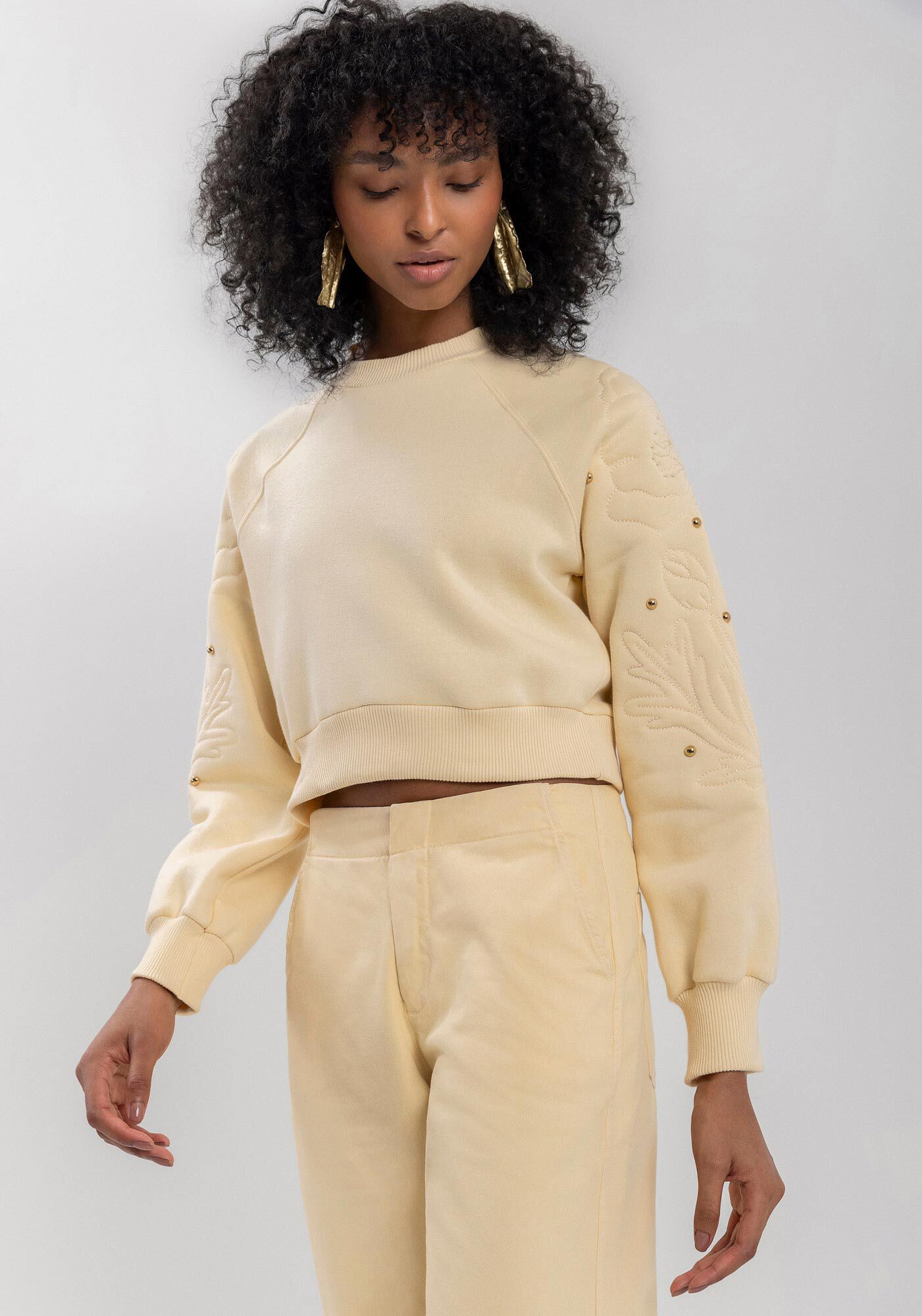 Blus&atilde;o Cropped Em Moletom Com Mangas Bordadas, , large.