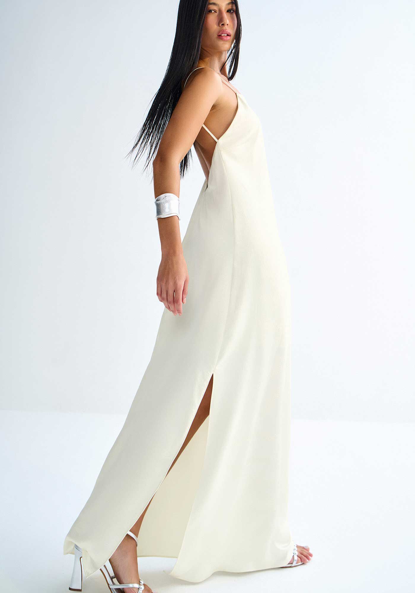 Vestido Longo Costas Cavadas com Strass, CREME ANGORA, large.