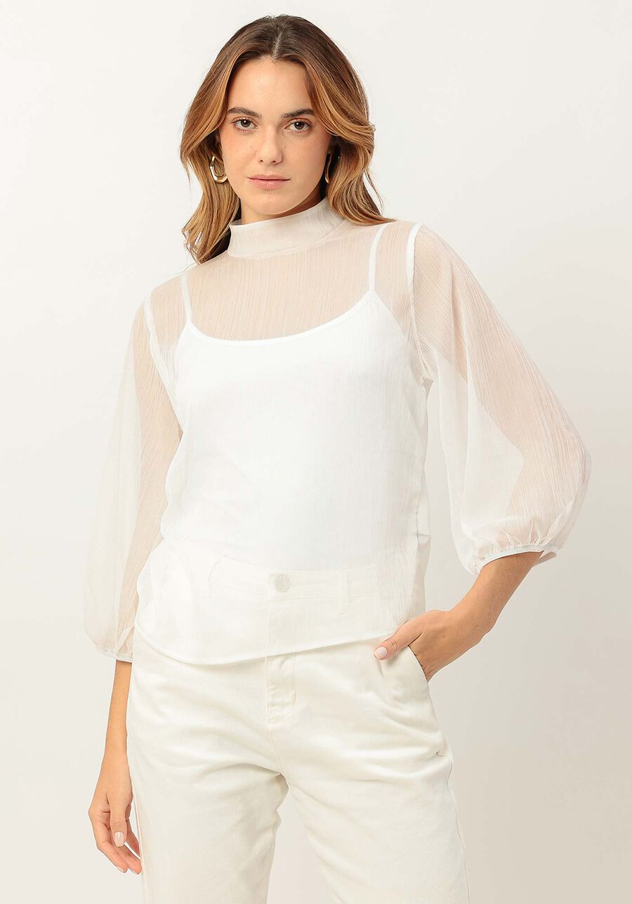 Blusa Manga Bufante com transparente, BRANCO OFF WHITE. Blusa Manga Bufante com transparente, BRANCO OFF WHITE, large.