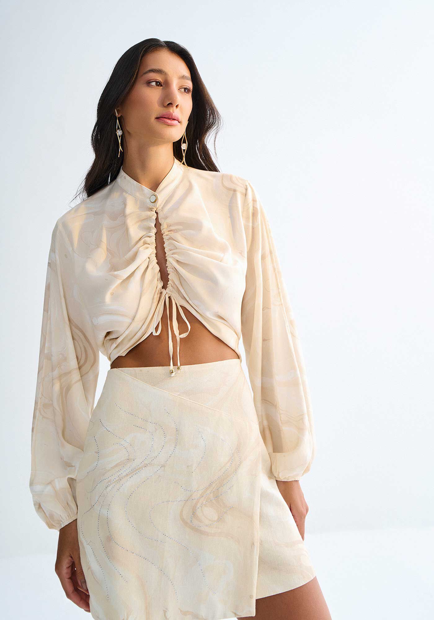 Saia Curta em Linho Sobreposta Estampada com Strass, MAZE BEGE, large.