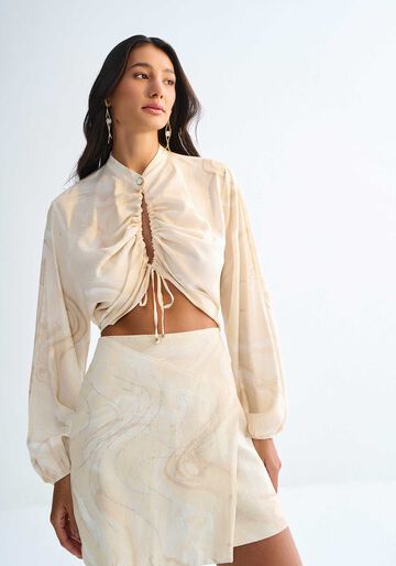 Saia Curta em Linho Sobreposta Estampada com Strass, MAZE BEGE. Saia Curta em Linho Sobreposta Estampada com Strass, MAZE BEGE, large.