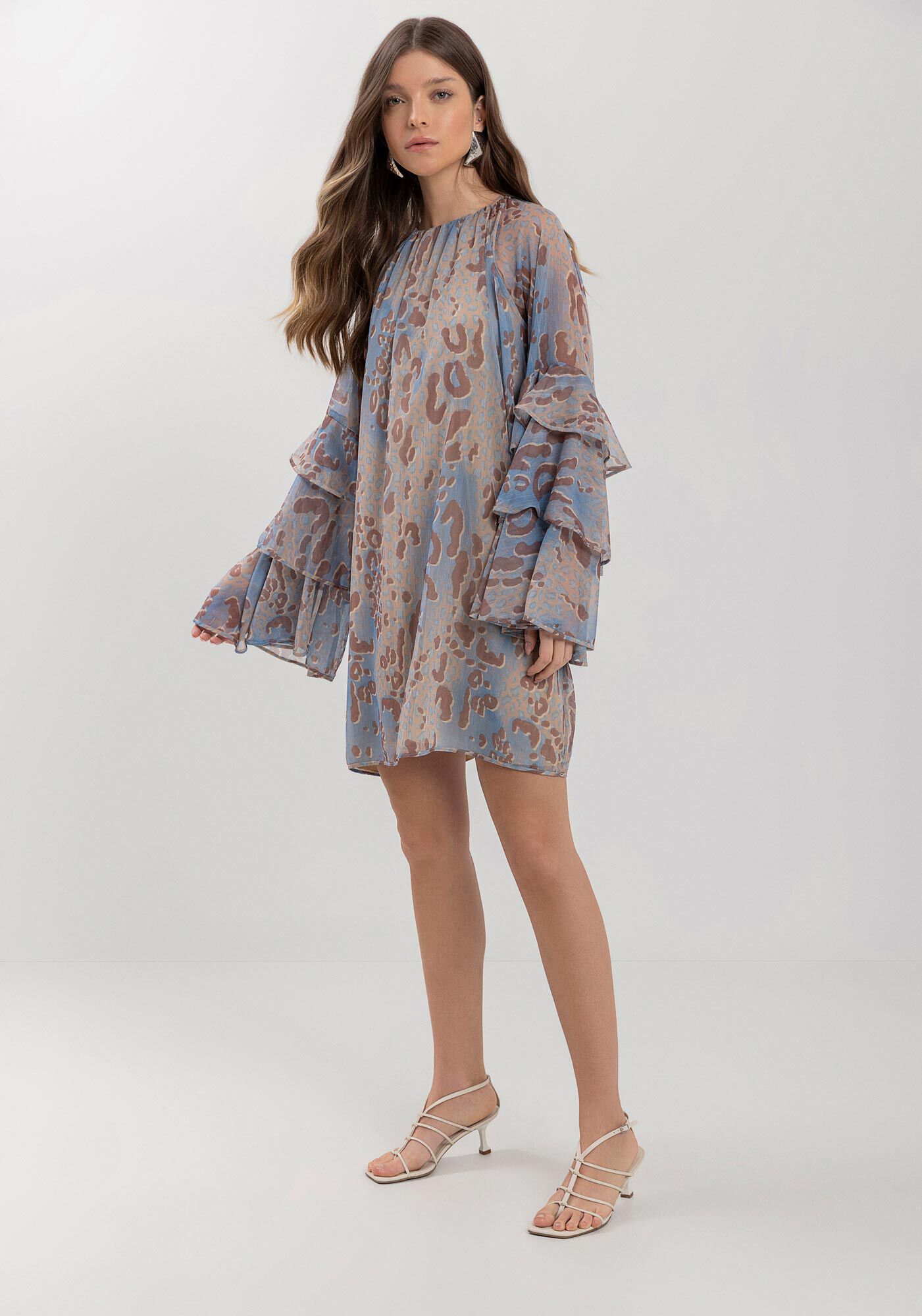 Vestido Curto Estampado Com Babados Nas Mangas, SAVAGE BEGE, large.