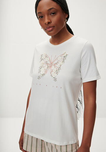 T-shirt com Aplicação Flores e Pérolas, BRANCO OFF WHITE, large.