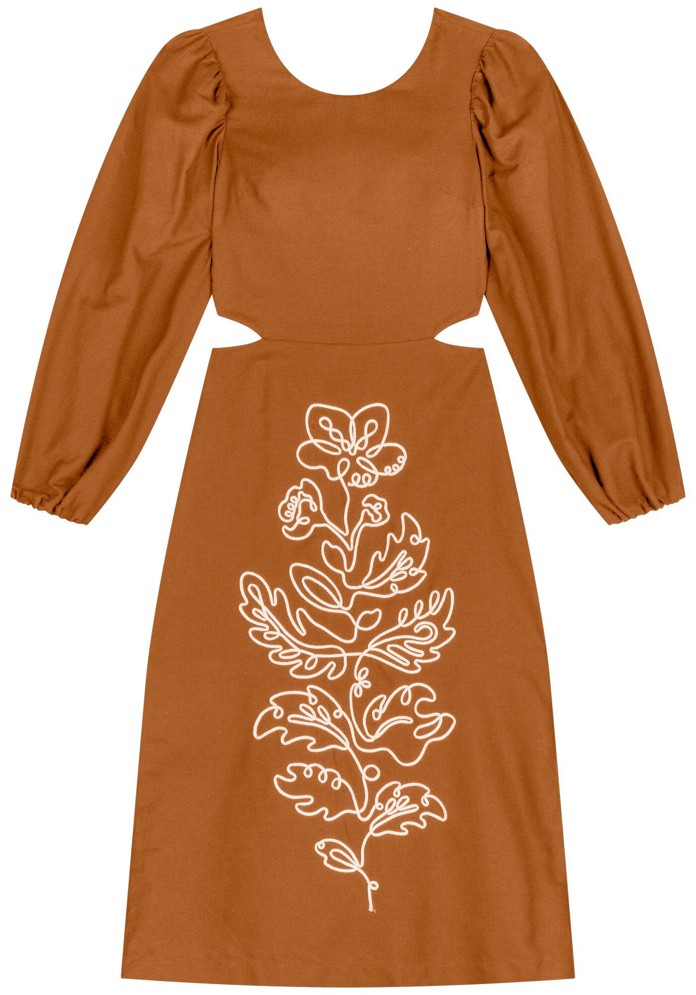 Vestido Midi De Mangas Amplas Com Bordados Em Alto Relevo, MARROM ESPERADO, large.