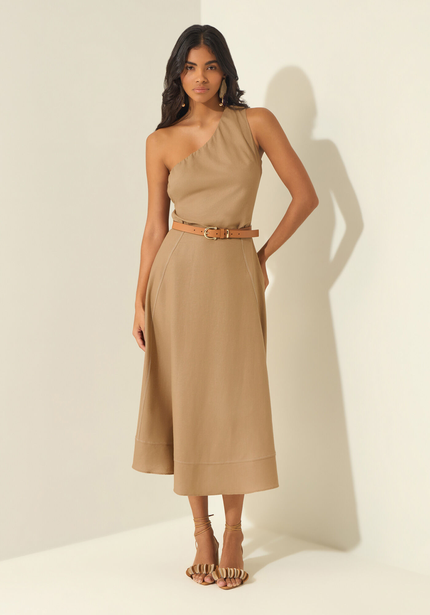 Saia Midi De Cintura Alta Com Linho, BEGE ALIEN, large.