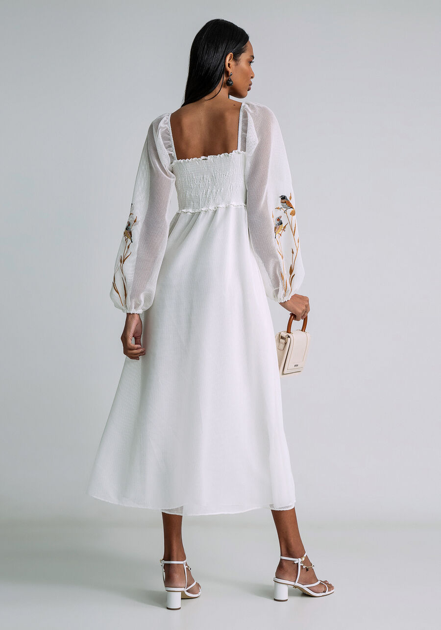 Vestido Midi Tela e Bordado, BRANCO OFF WHITE. Vestido Midi Tela e Bordado, BRANCO OFF WHITE, large.