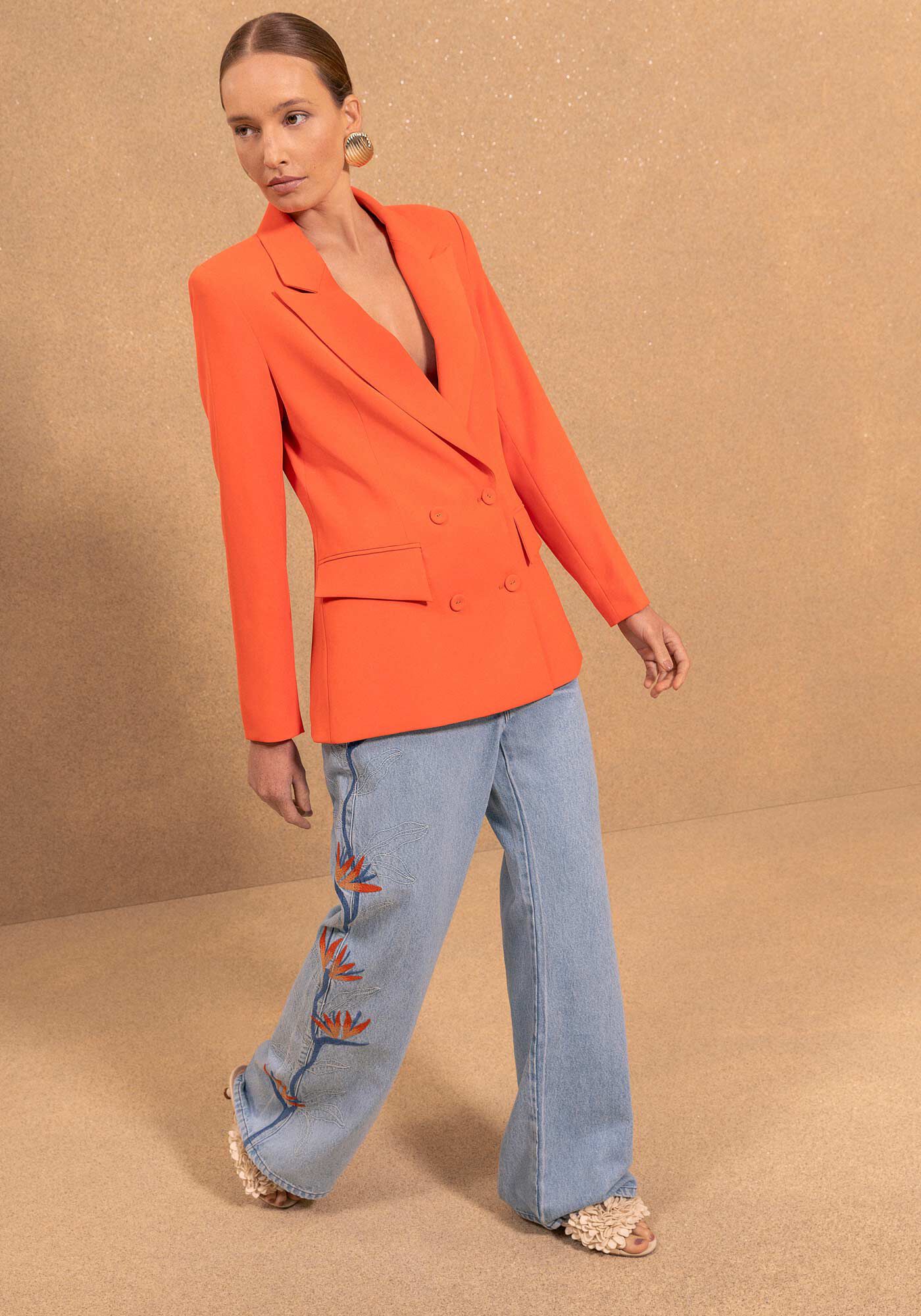 Blazer Alongado Com Lapelas E Abotoamento Duplo, LARANJA PAIXAO, large.