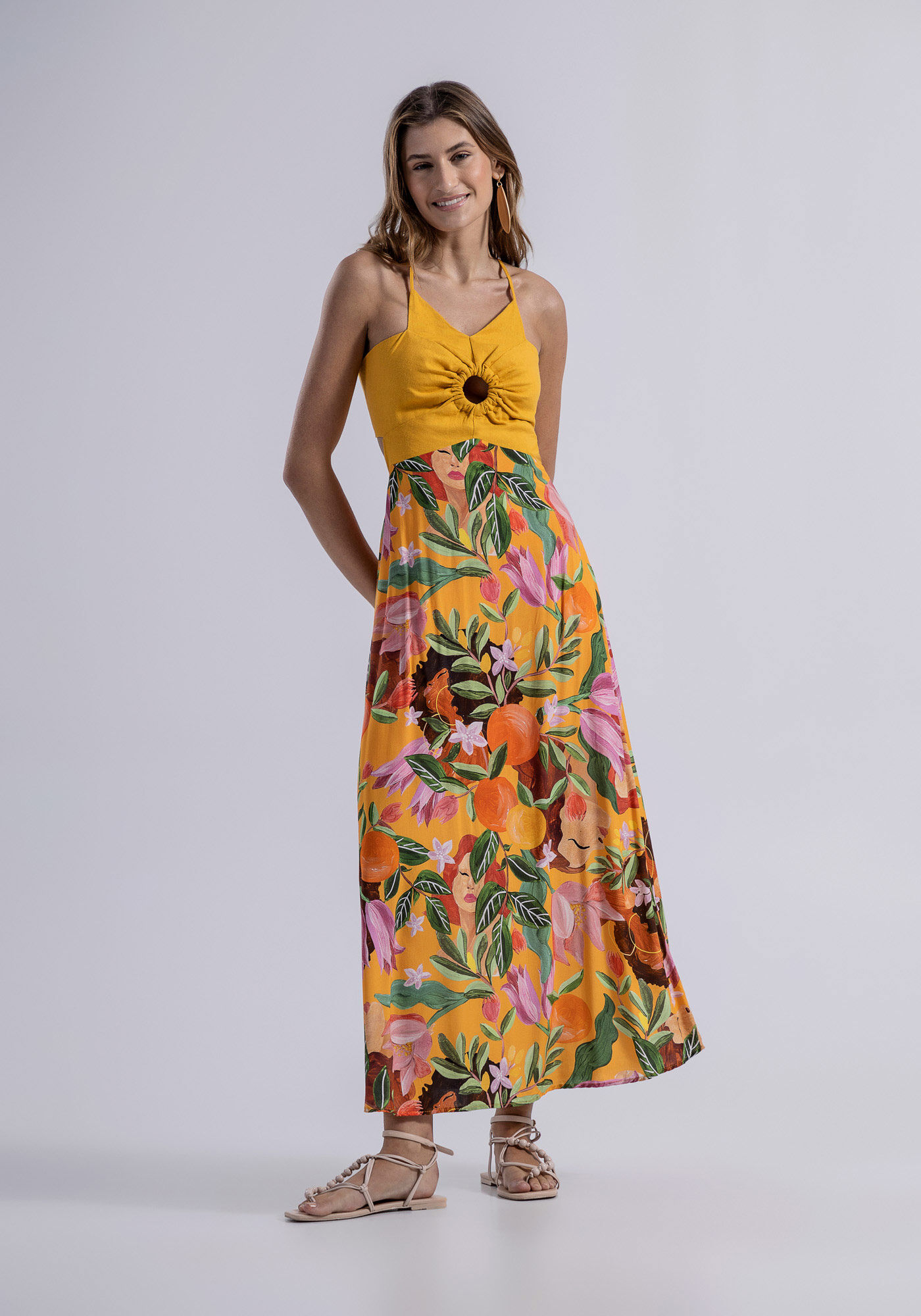 Vestido Midi em Linho e Viscose com Cut Out, POMAR, large.