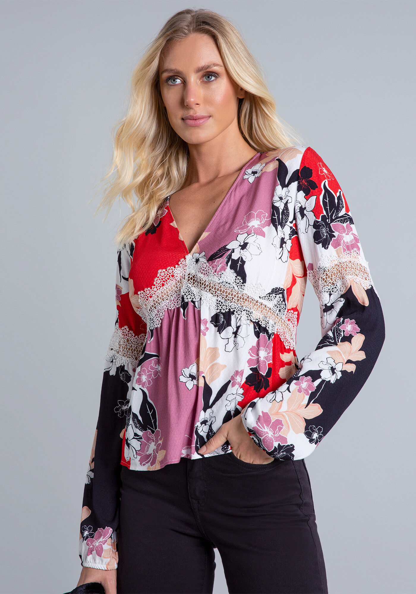 Blusa Manga Longa Recortes Renda, , large.