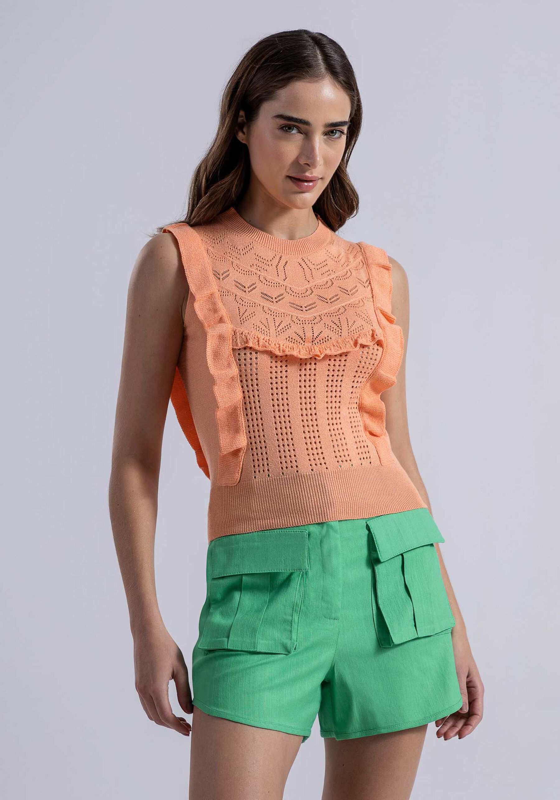 Blusa sem Mangas em Tricô com Babados, . Blusa sem Mangas em Tricô com Babados, , large.