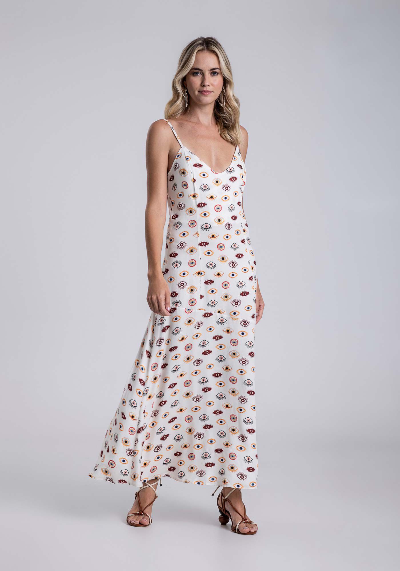 Vestido com Al&ccedil;as Midi em Viscose Estampado, OLHARES, large.