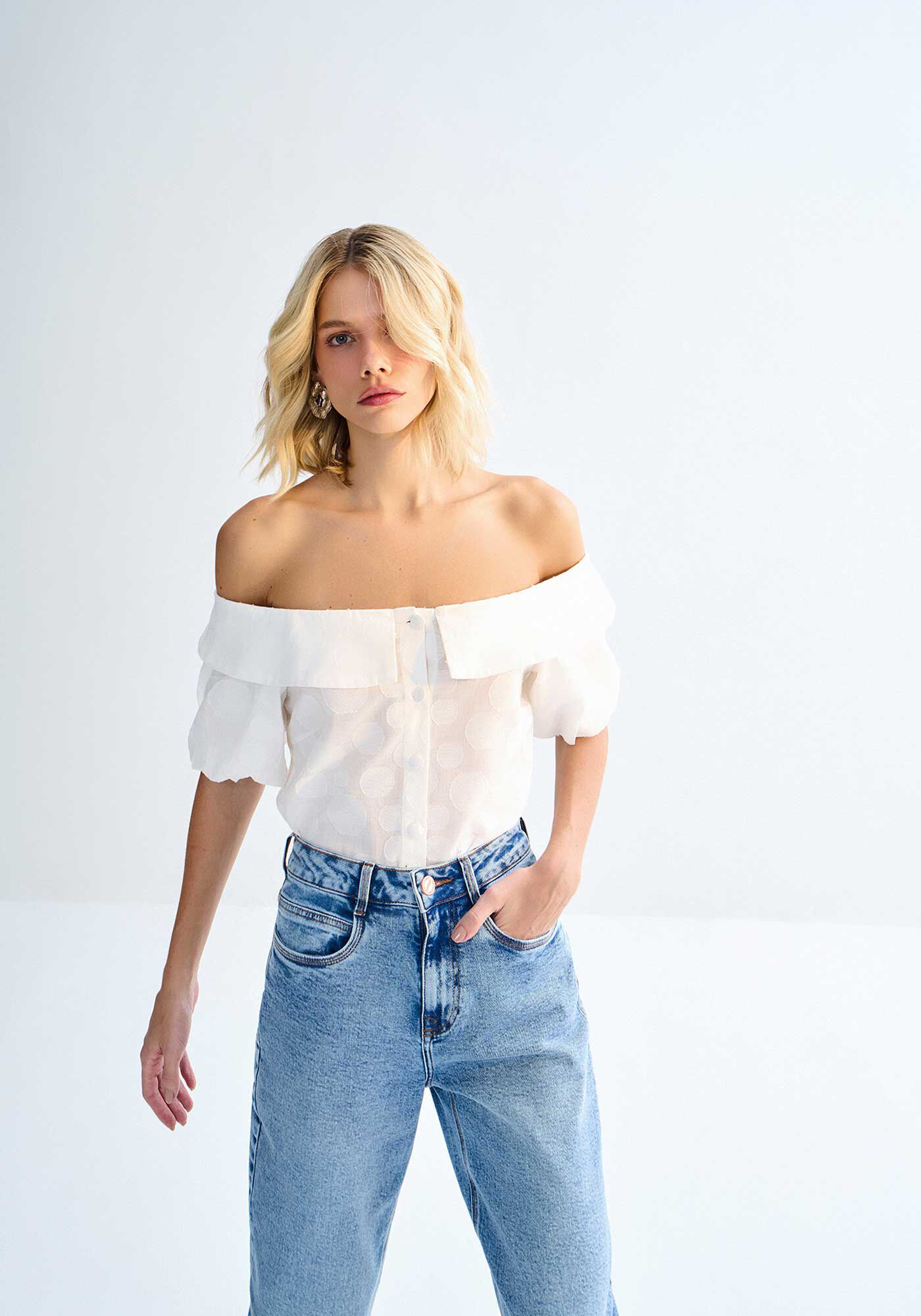 Blusa Ombro a Ombro em Cotton Po&aacute; com Babados, , large.