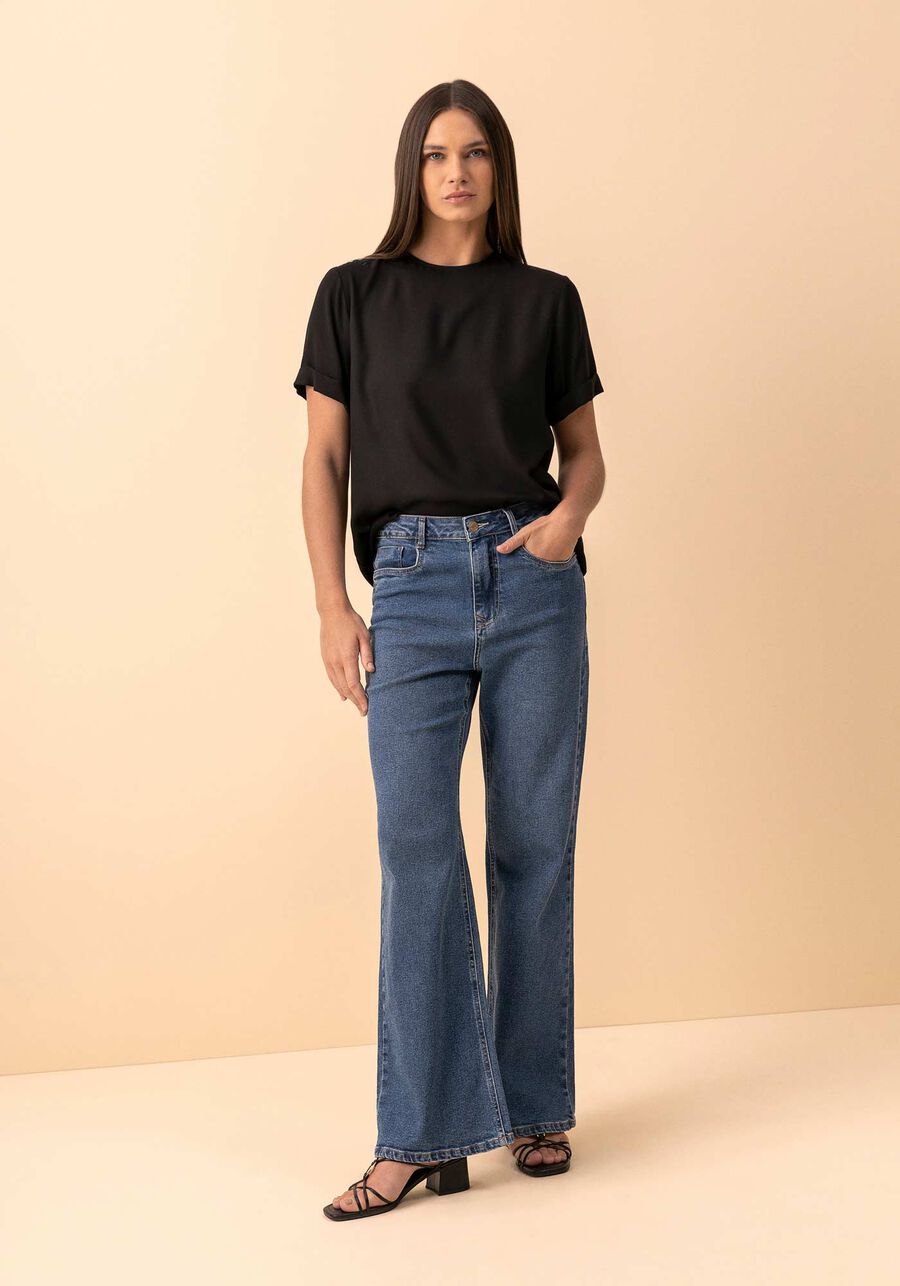 Calça Jeans Wide Leg Comfort Com Elastano E Cintura Alta, JEANS ESCURO. Calça Jeans Wide Leg Comfort Com Elastano E Cintura Alta, JEANS ESCURO, large.