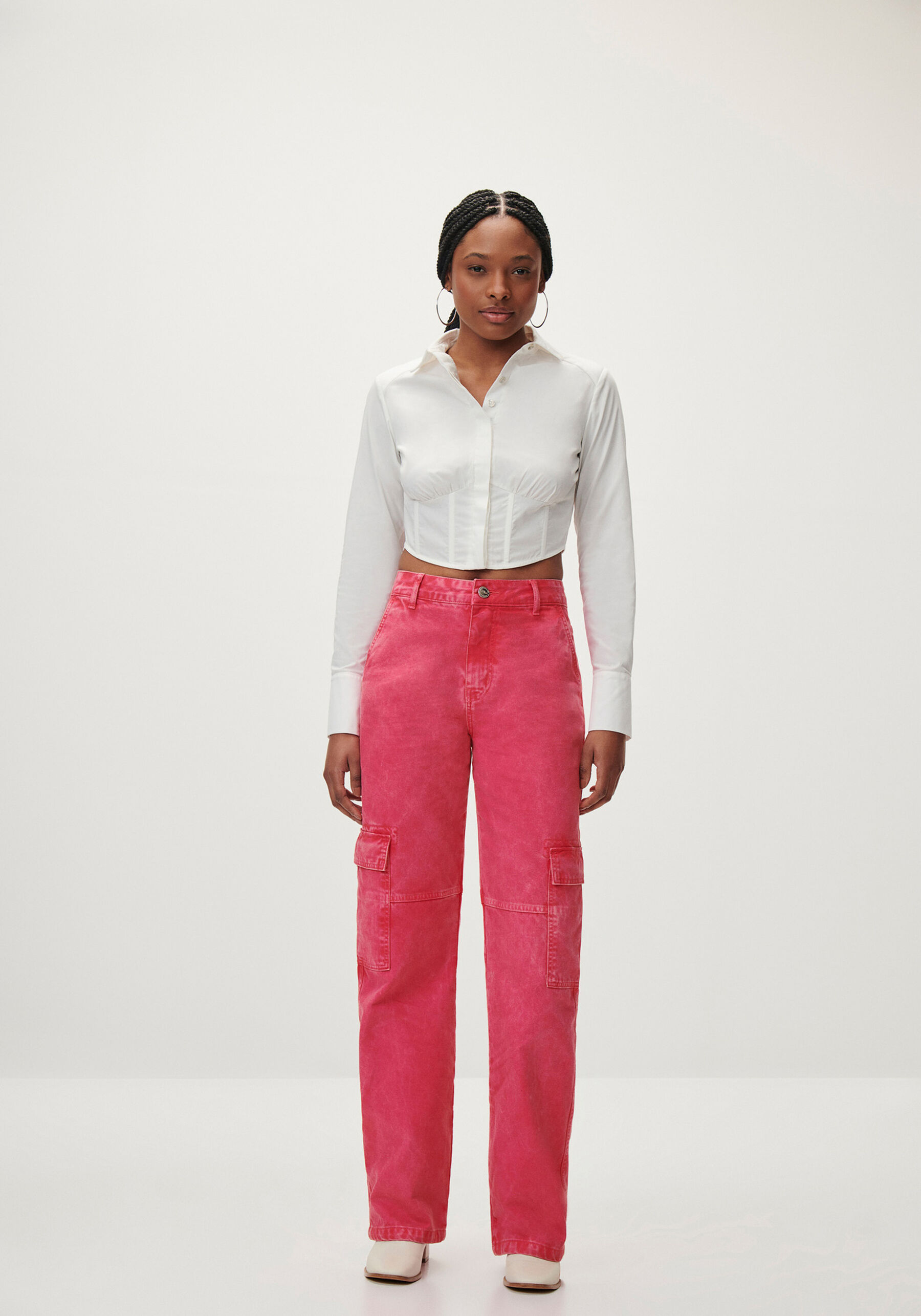Calça Sarja Reta Cargo com Amarração Barra, . Calça Sarja Reta Cargo com Amarração Barra, , large.